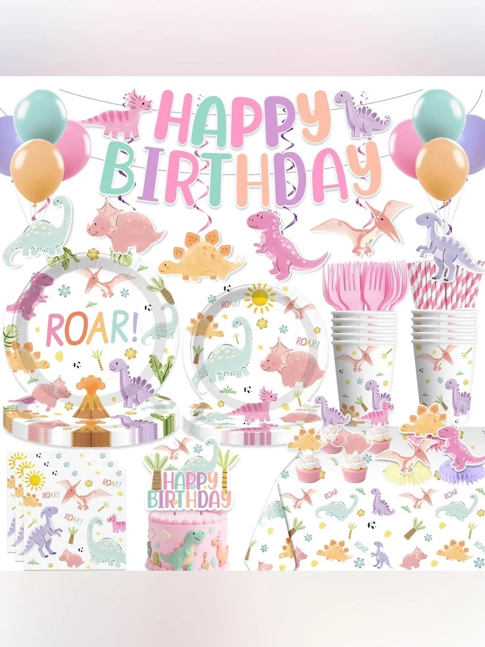 Pastel Dino Birthday Party Kit - Pink, Purple, Mint